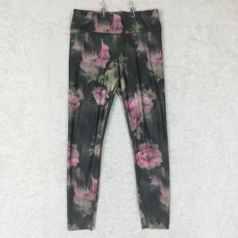 JoyLab Womens Pants Leggings Roses Floral 7/8 Athletic Pull On Green M